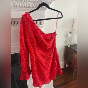 Alexis - red lace one shoulder dress - size large.